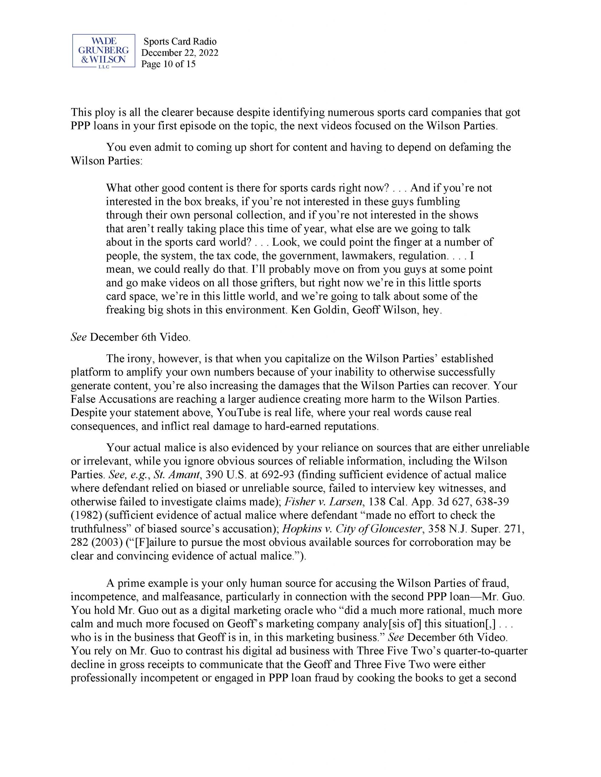 20221222 J. Grunberg Retraction Demand to Sports Card Radio et al