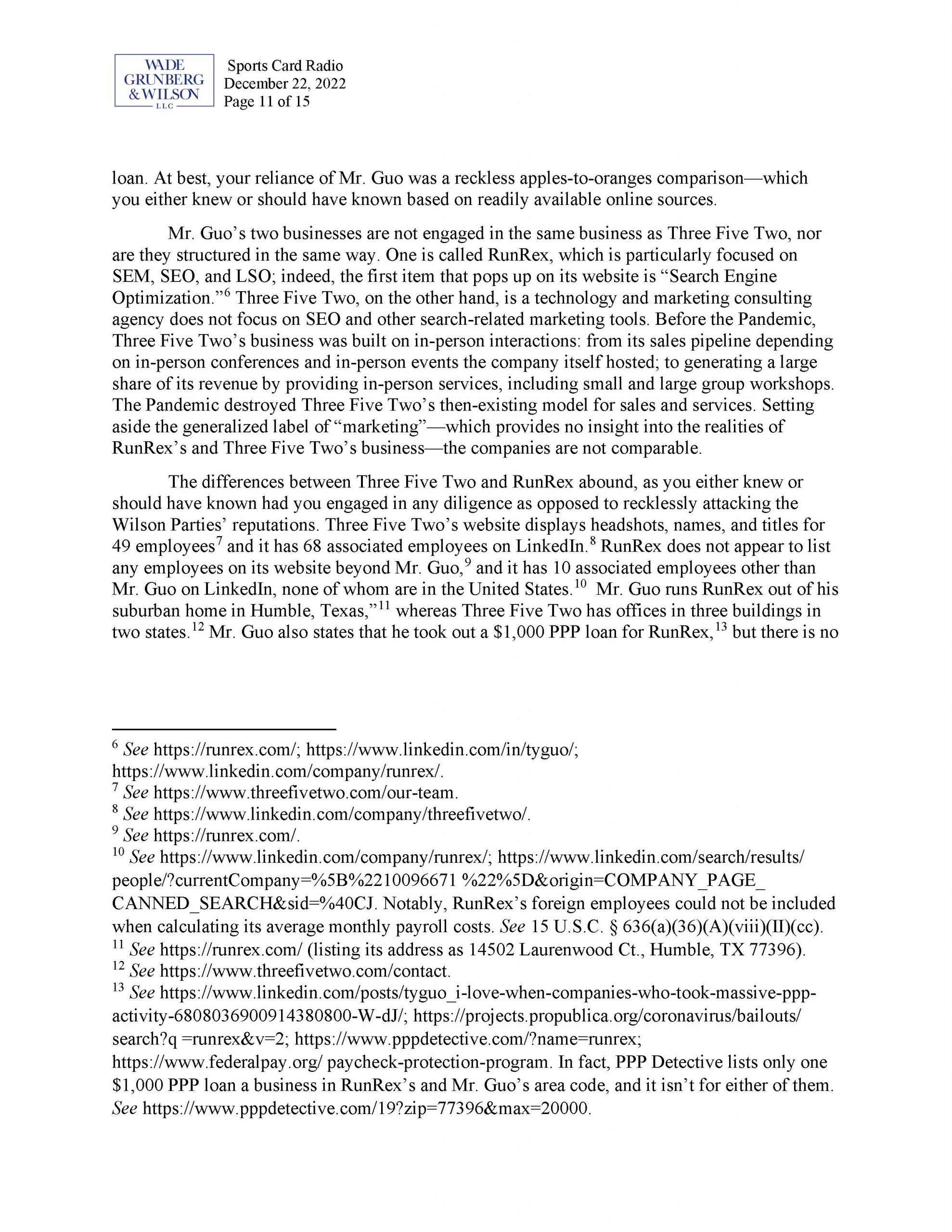 20221222 J. Grunberg Retraction Demand to Sports Card Radio et al