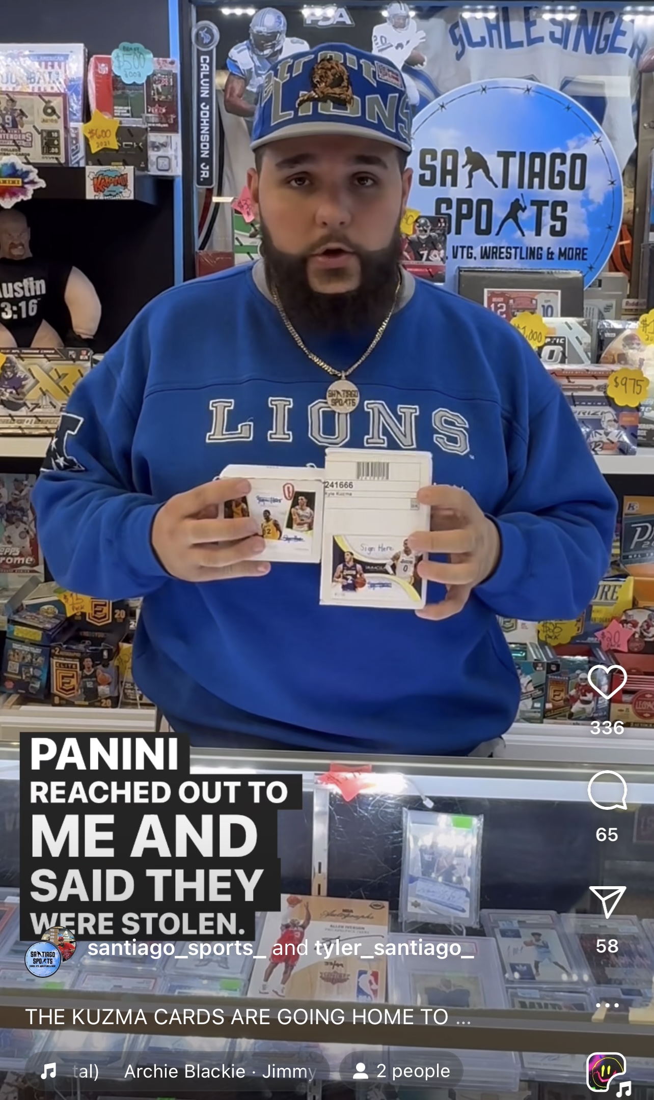 Tyler Santiago of Santiago Sports in a 2024 Instagram video addressing stolen Panini cards