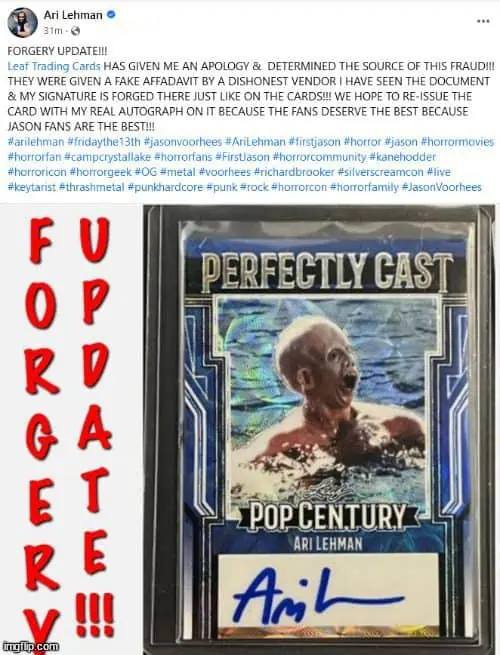 Ari Lehman Facebook post about forged Leaf autographs