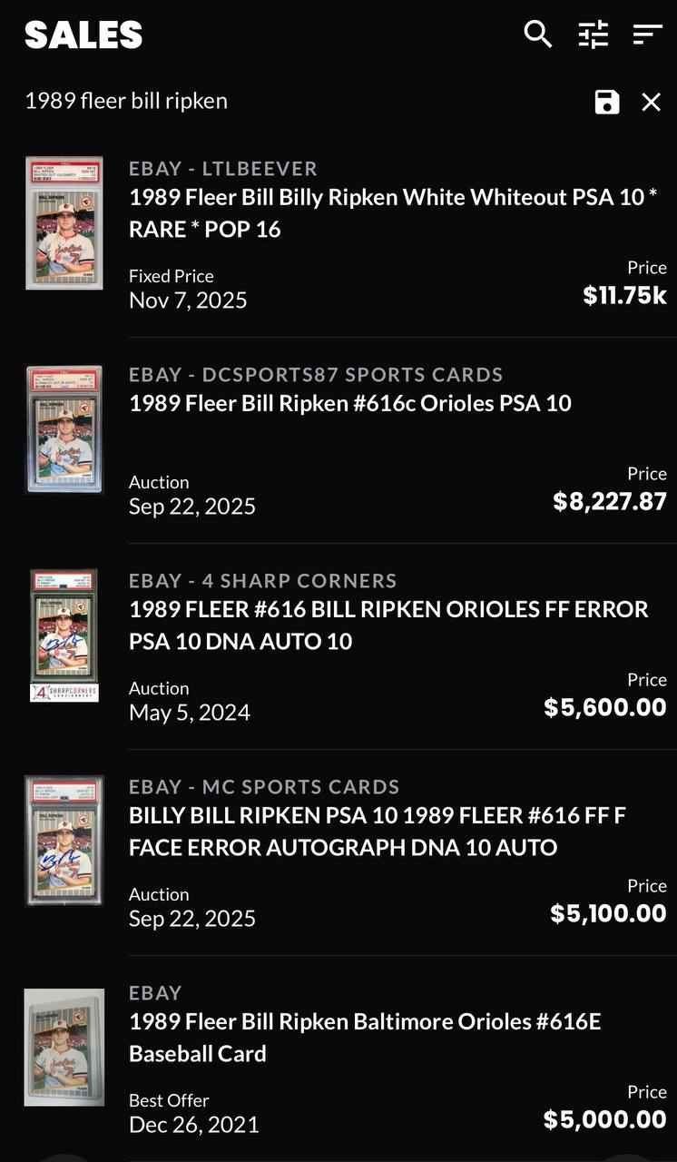 Billy Ripken FF Card Highest Sales - Card Ladder Data