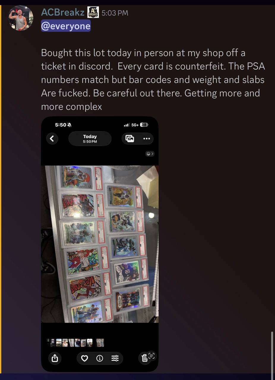 ACBreakz Discord message showing counterfeit PSA slabs