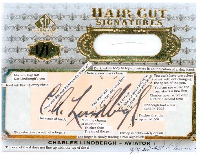 Analysis of the disputed Charles Lindbergh autograph showing forgery indicators