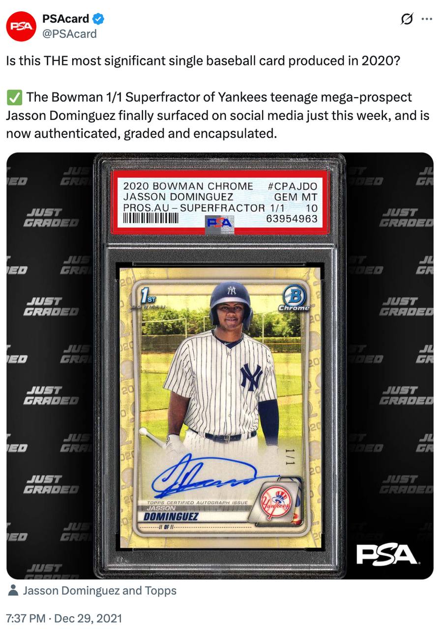 PSA's December 2021 tweet asking if the Jasson Dominguez superfractor was the most significant card of 2020
