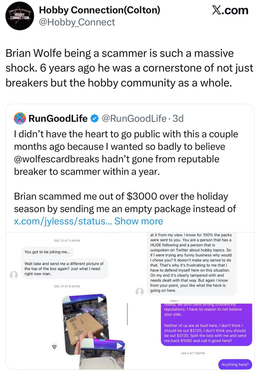 Hobby Connection tweet about Brian Wolfe