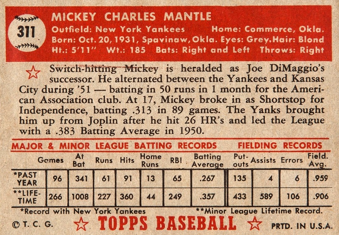 1952 Topps Mickey Mantle #311 card back