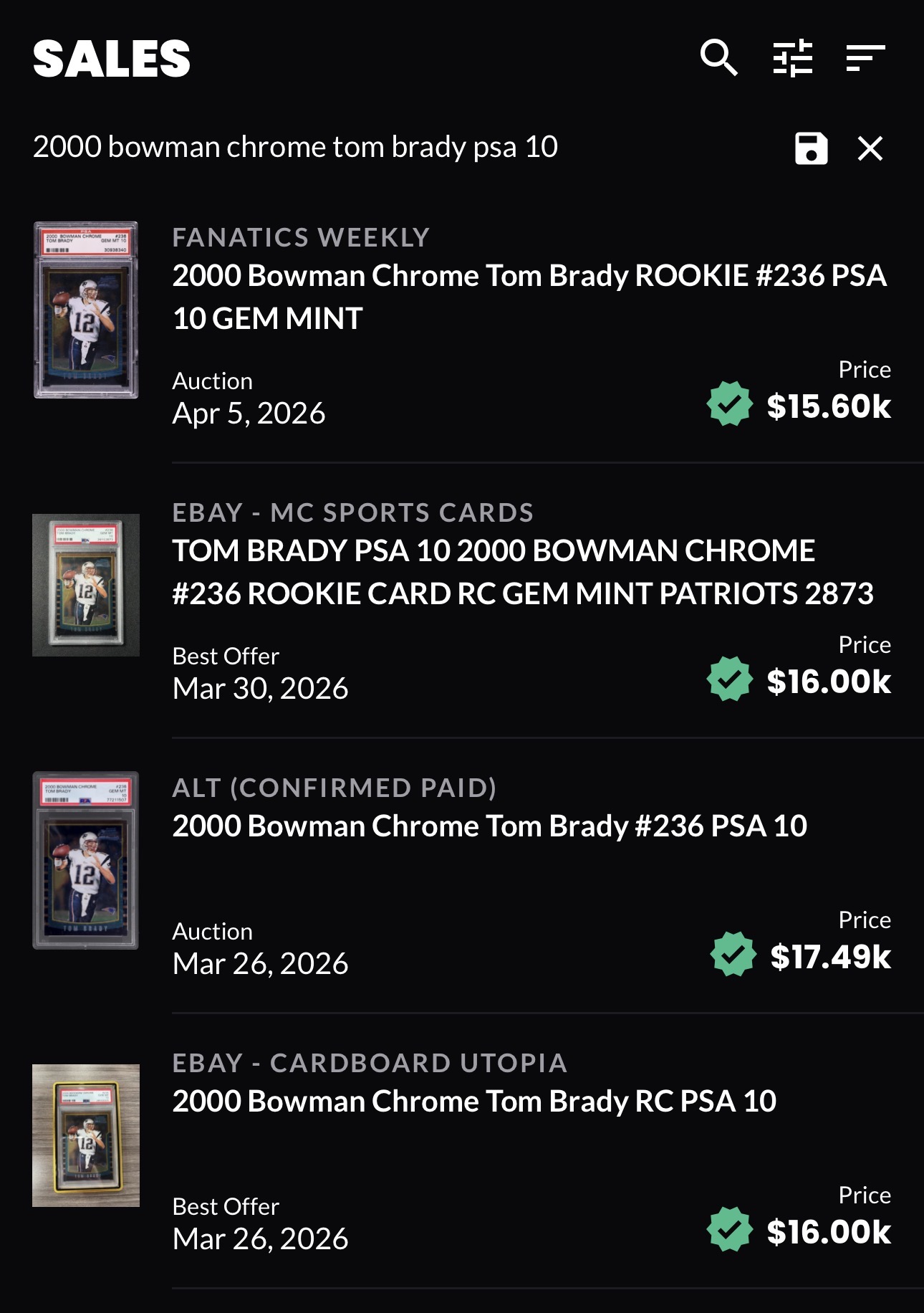 Recent sales comps for the 2000 Bowman Chrome Tom Brady #236 PSA 10 showing prices between $15,600 and $17,490