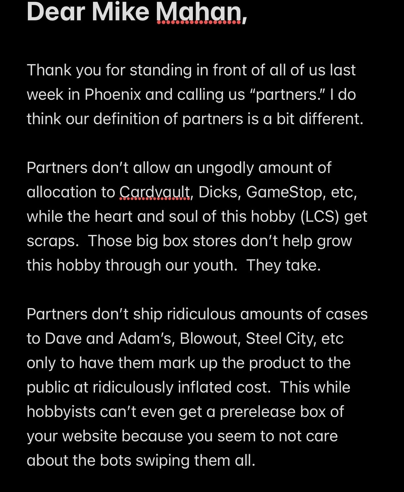 Screenshot of the @toppsmedalion open letter on X, part 1