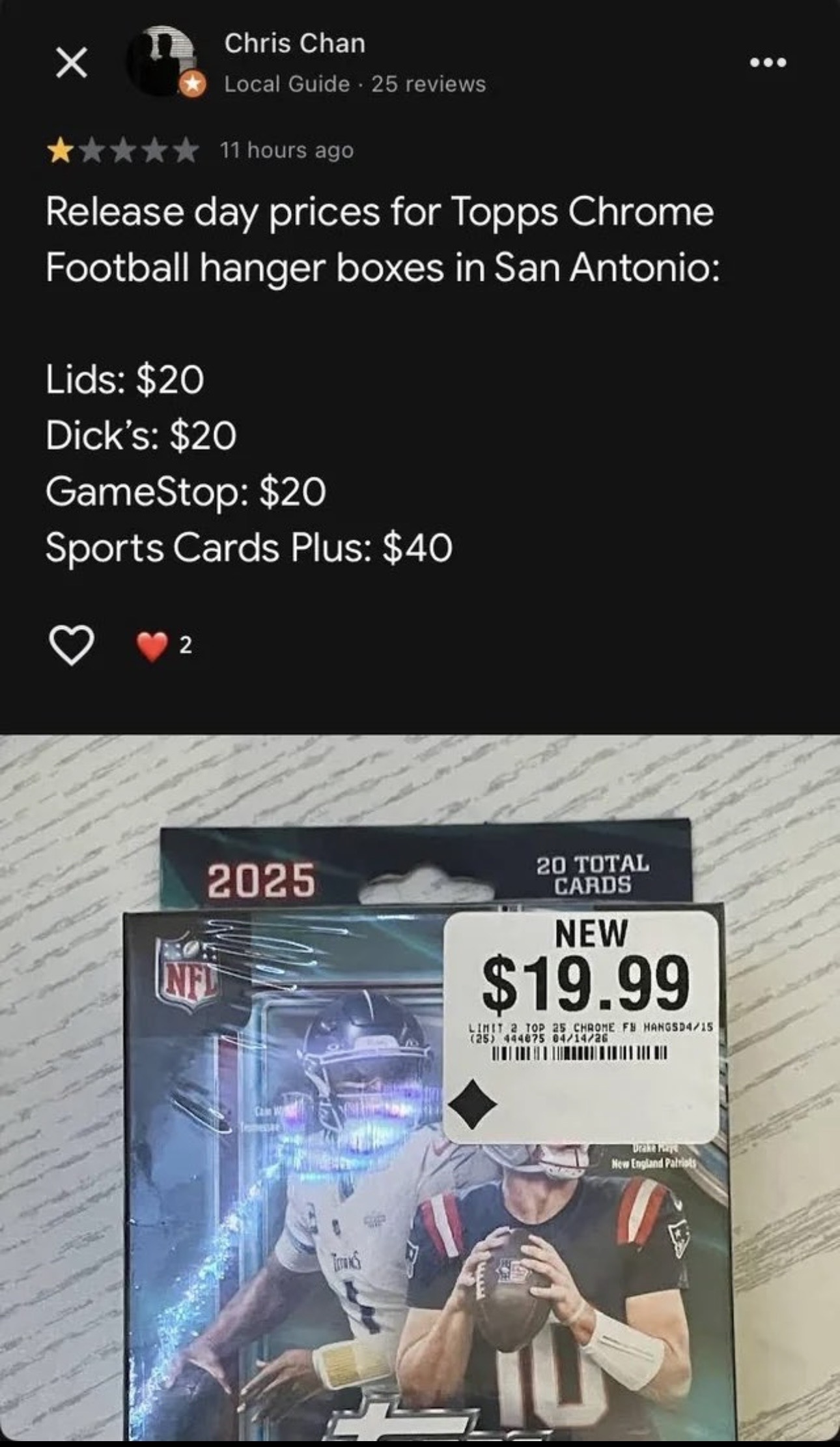 Google review documenting Topps Chrome Football hanger box pricing at San Antonio retailers