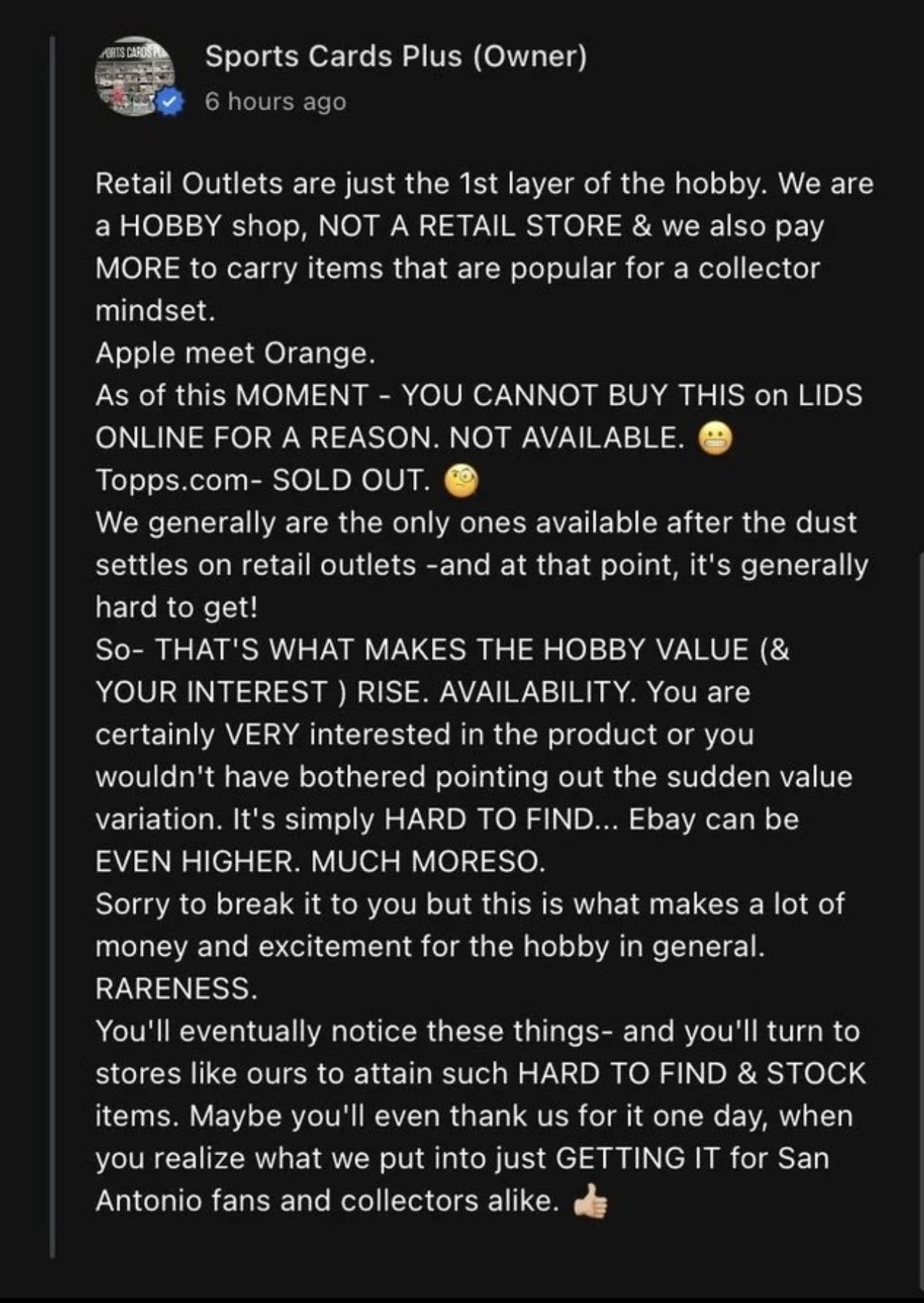 Sports Cards Plus owner response to Google review